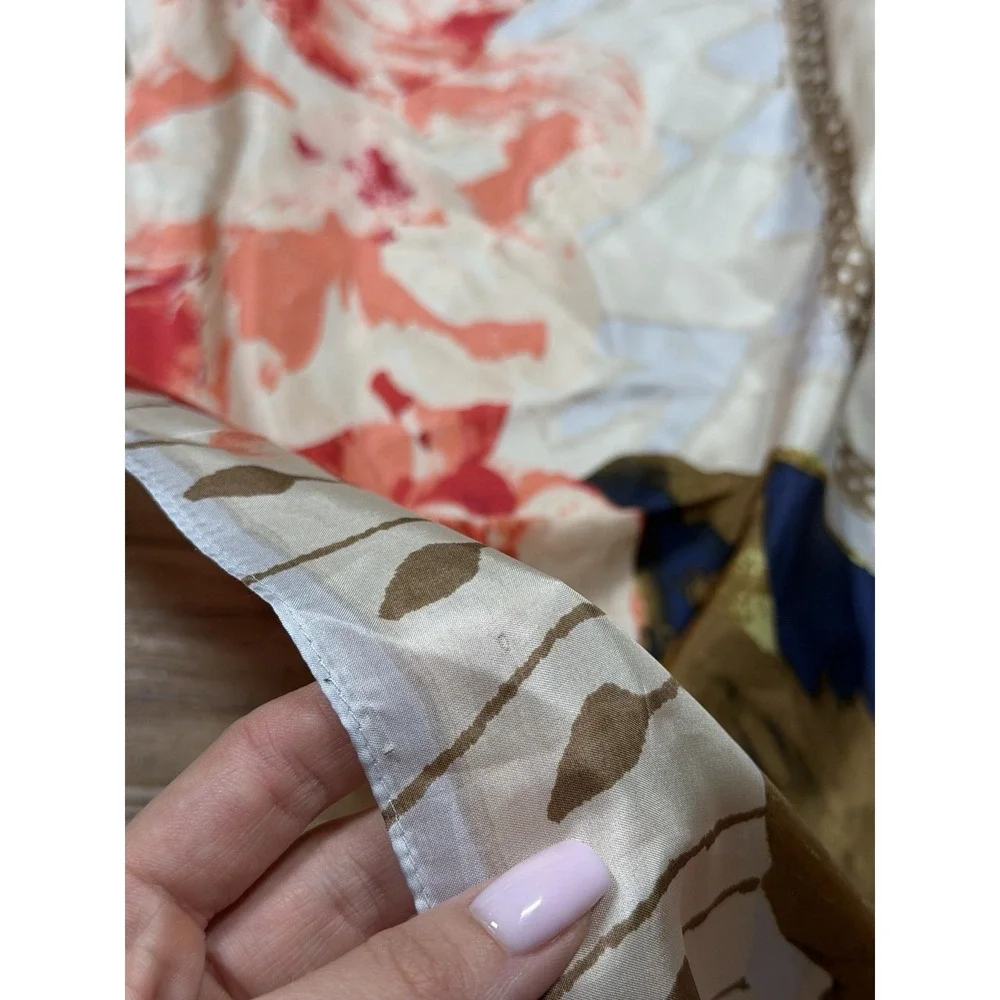 Lucky Brand Multicolor Peony Garland 100% Silk Floral Scarf w Tassels 41.5x42